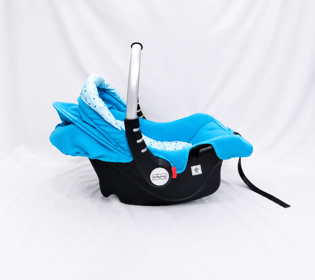 BABYHUG infant car seat carry cot with canopy, rear-facing design, cushioned seating, 5-point safety harness, ergonomic carry handle, and sun-protective canopy for newborns and infants up to 13 kg.