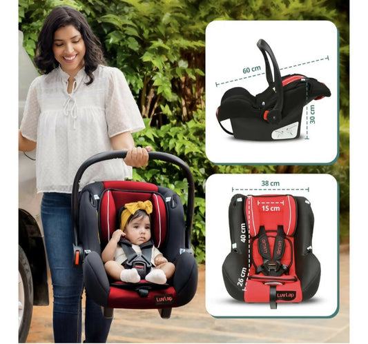 Woman pushing a baby in a red and black car seat with measurements displayed.