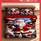 Christmas-themed bedsheet set with Santa Claus design on a wooden bed frame.