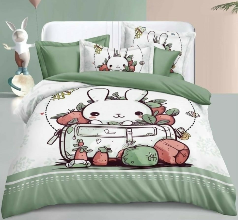 Bedding set with cartoon rabbit design on a bed