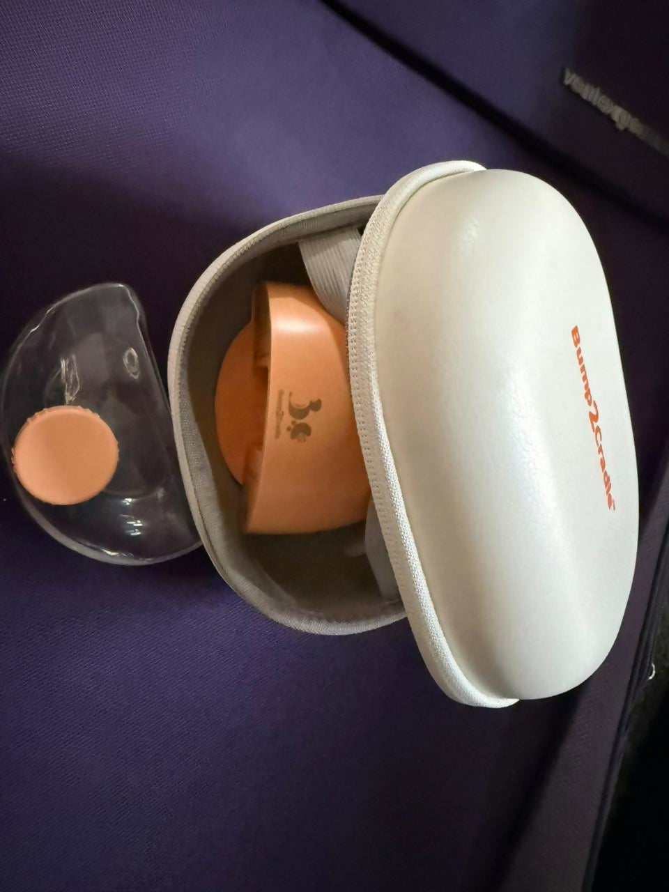 Set of travel-sized containers with a white case on a purple surface