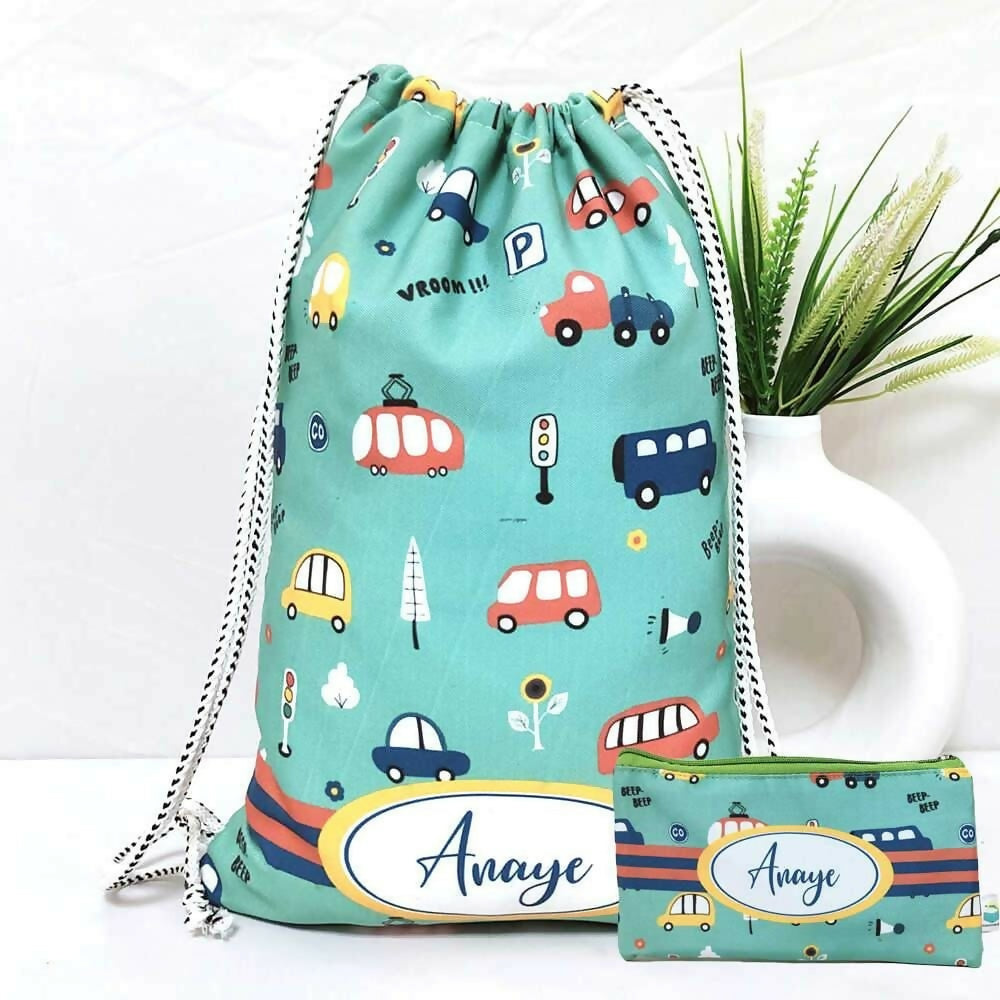 Drawstring bag with vehicle pattern and matching pouch on a white background