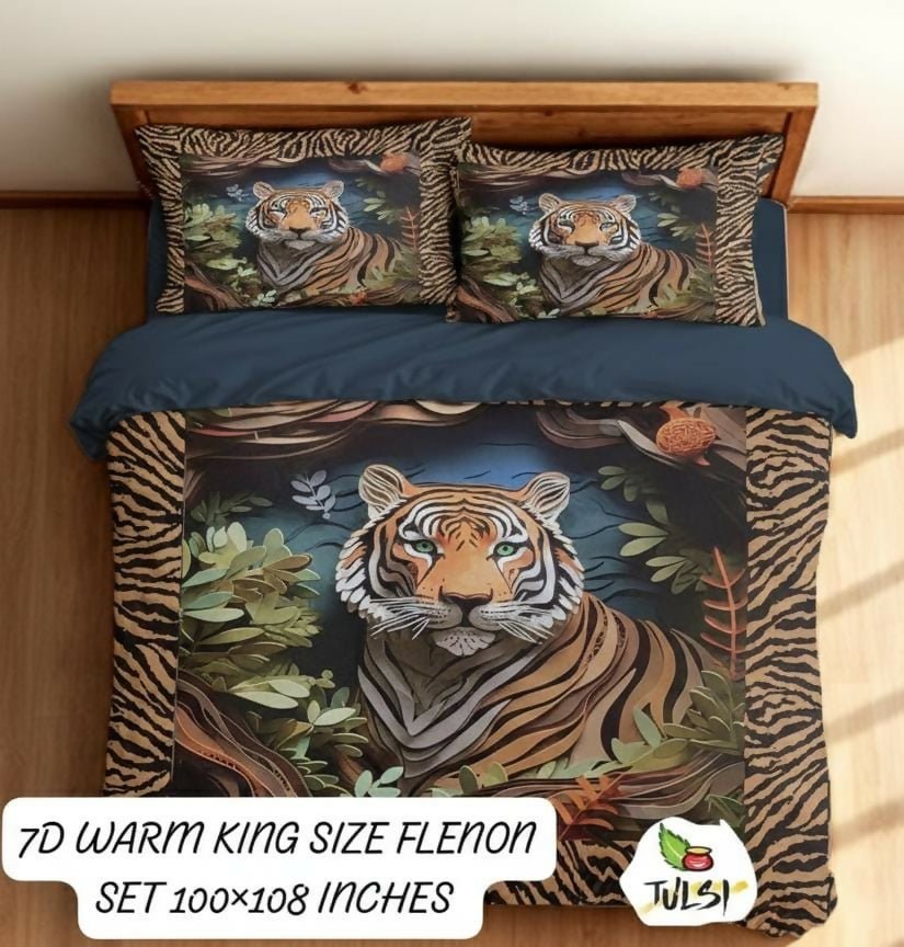 Tiger-themed bedding set on a bed 