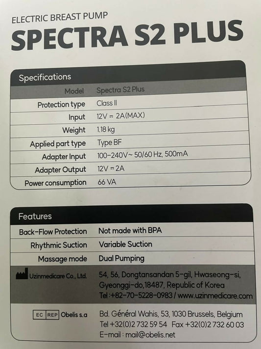 Spectra S2 Plus electric breast pump specifications label