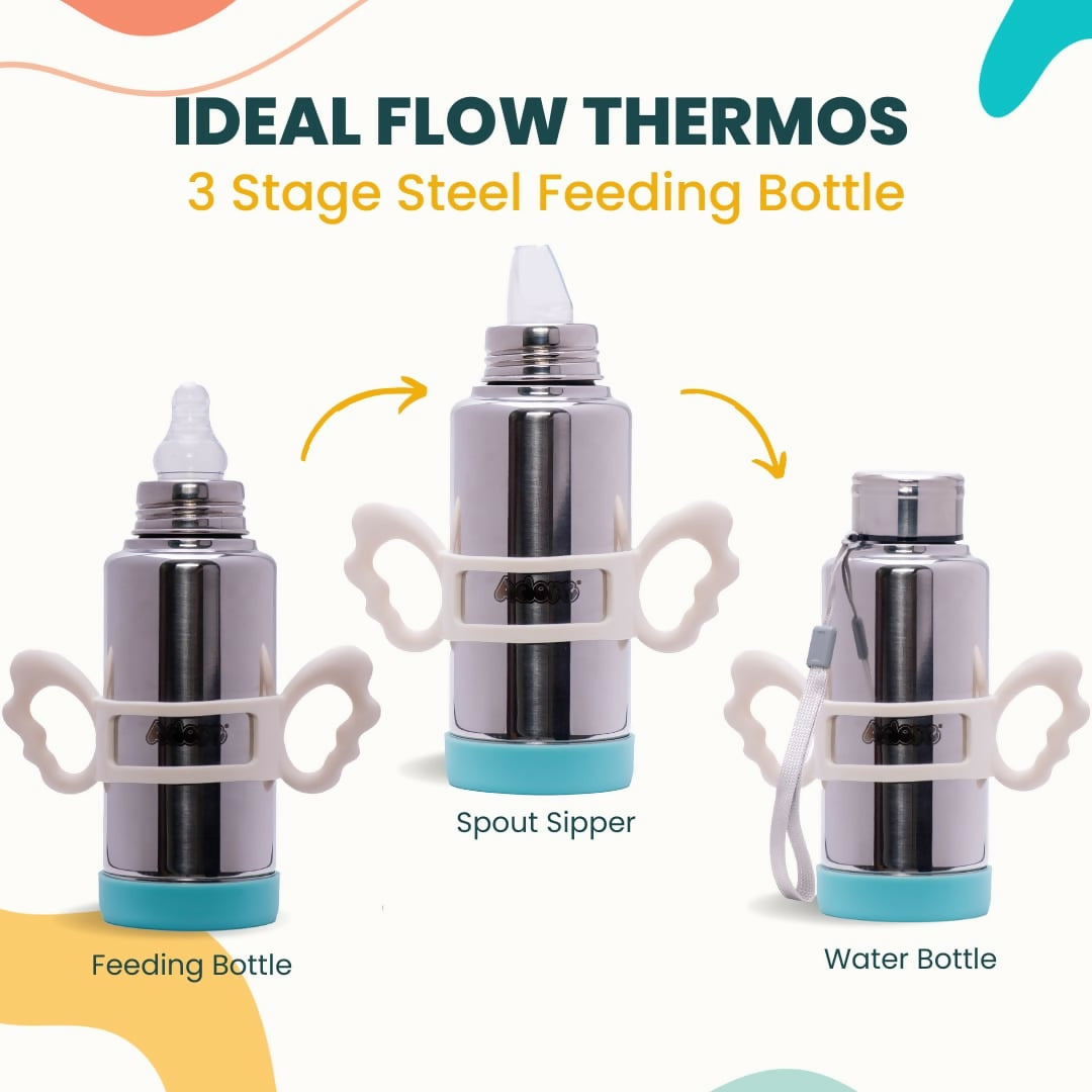 ADORE Ideal Flow 3 Stage Multipurpose Double Wall Insulated Thermos Baby Feeding Bottle Set with Silicon Handle & Base -240ml - PyaraBaby
