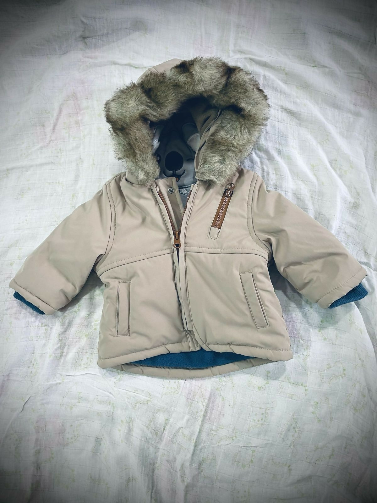 Beige Furry Hooded Jacket with Teddy Inside – Super soft, warm, and perfect for chilly cuddles.

