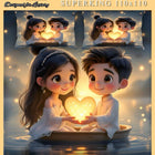 Illustration of a couple holding a heart-shaped light, surrounded by Mokshay branding.