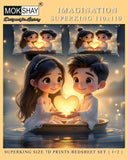 Illustration of a couple holding a heart-shaped light, surrounded by Mokshay branding.