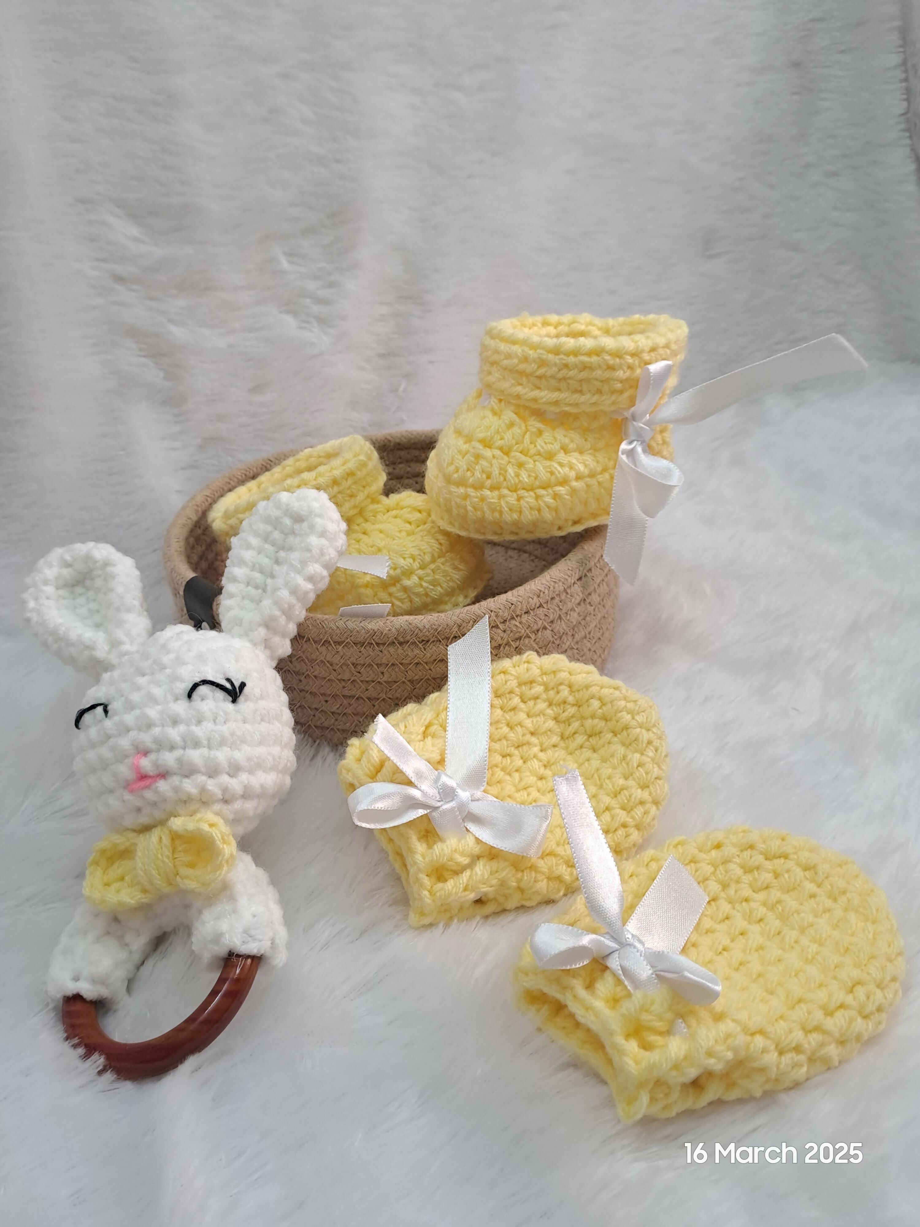 Booties, Rattle, Mittens & Basket Set – A Perfect Gift for Your Little One!