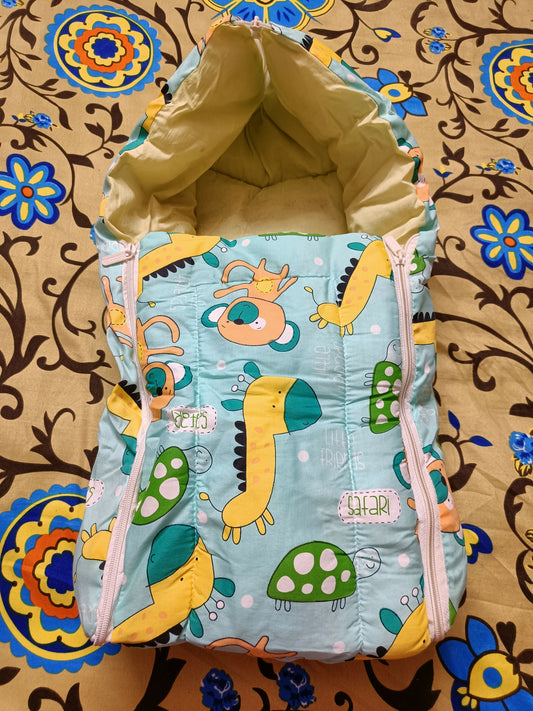 Sleeping Bag Cum Carry Bag for Newborn Baby featuring a soft, cozy and portable design with convenient carry handles, ideal for keeping your little one comfortable during supervised rest, outings and travel.