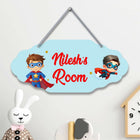 Children's room door sign with cartoon superhero characters 