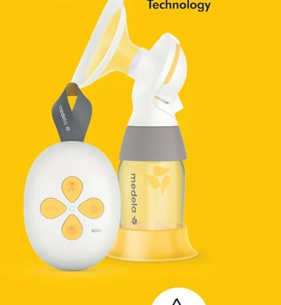 Medela Solo single electric breast pump with adjustable suction, compact design, milk collection bottle, and comfortable pumping support for breastfeeding mothers.
