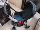 Baby stroller/pram with a foldable design, reclining seat, adjustable canopy, 5-point safety harness, smooth wheels, and spacious storage basket for safe and comfortable travel with babies and toddlers.