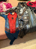 Superhero costume combo featuring blue Spider-Man and Batman outfits with matching character-inspired designs, comfortable fabric, and dress-up accessories for parties, Halloween, and imaginative play.