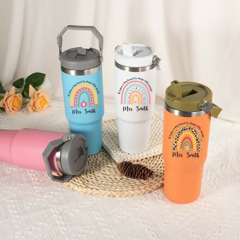 Personalized 900ml Teacher's Day Gift Tumbler in assorted random color, featuring custom name personalization, insulated design, secure lid, reusable straw, and convenient handle for everyday hydration.