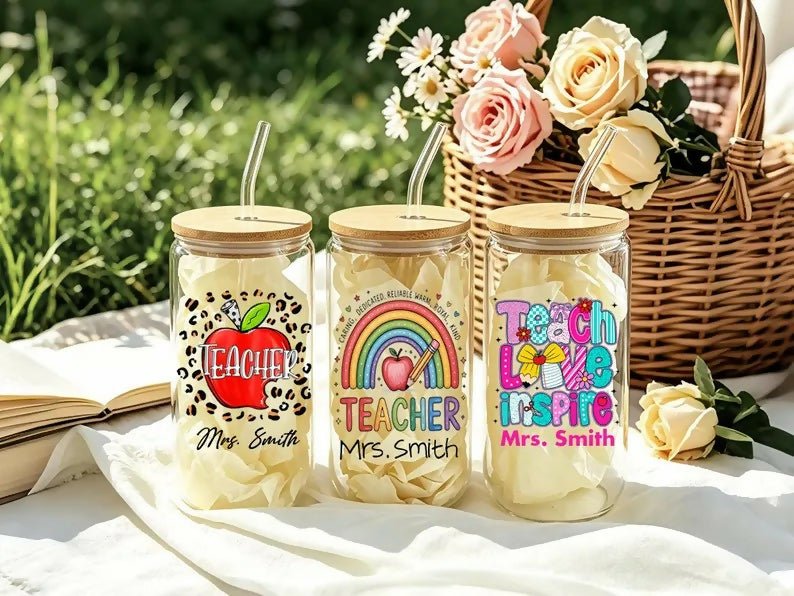 Teacher's Day Special Personalized Glass Tumbler with custom teacher name or message, reusable steel straw, secure lid, and stylish transparent design for everyday drinks and thoughtful teacher gifting.
