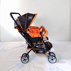 MEE MEE Twin Baby Stroller/Double Pram in Orange, Some Used condition, featuring two seats, reclining design, protective canopies and a foldable frame for convenient outings with twins or two young children.