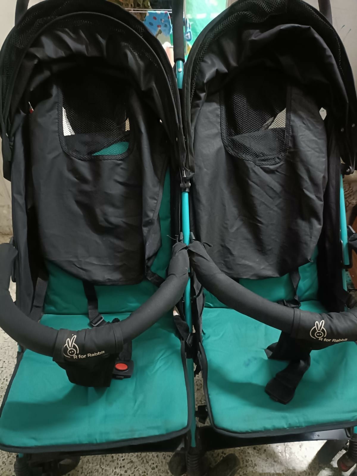 R for Rabbit Ginny & Johnny twin stroller with dual seating, safety harnesses, adjustable canopies, smooth wheels, and comfortable travel support for twins or siblings.