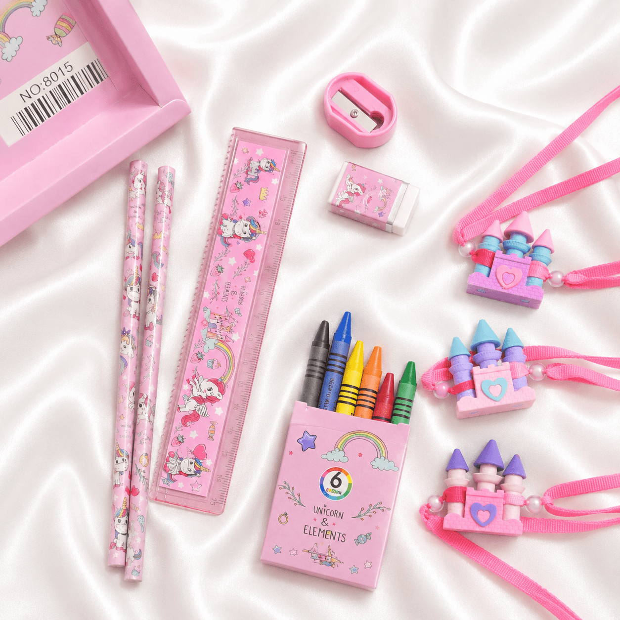 iLearnNGrow Unicorn Theme Stationery Rakhi Combo featuring a colorful unicorn pencil box set with a charming castle Rakhi, combining useful school stationery with festive Raksha Bandhan fun for kids.