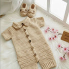 Handmade crochet baby romper with buttons and matching shoes 