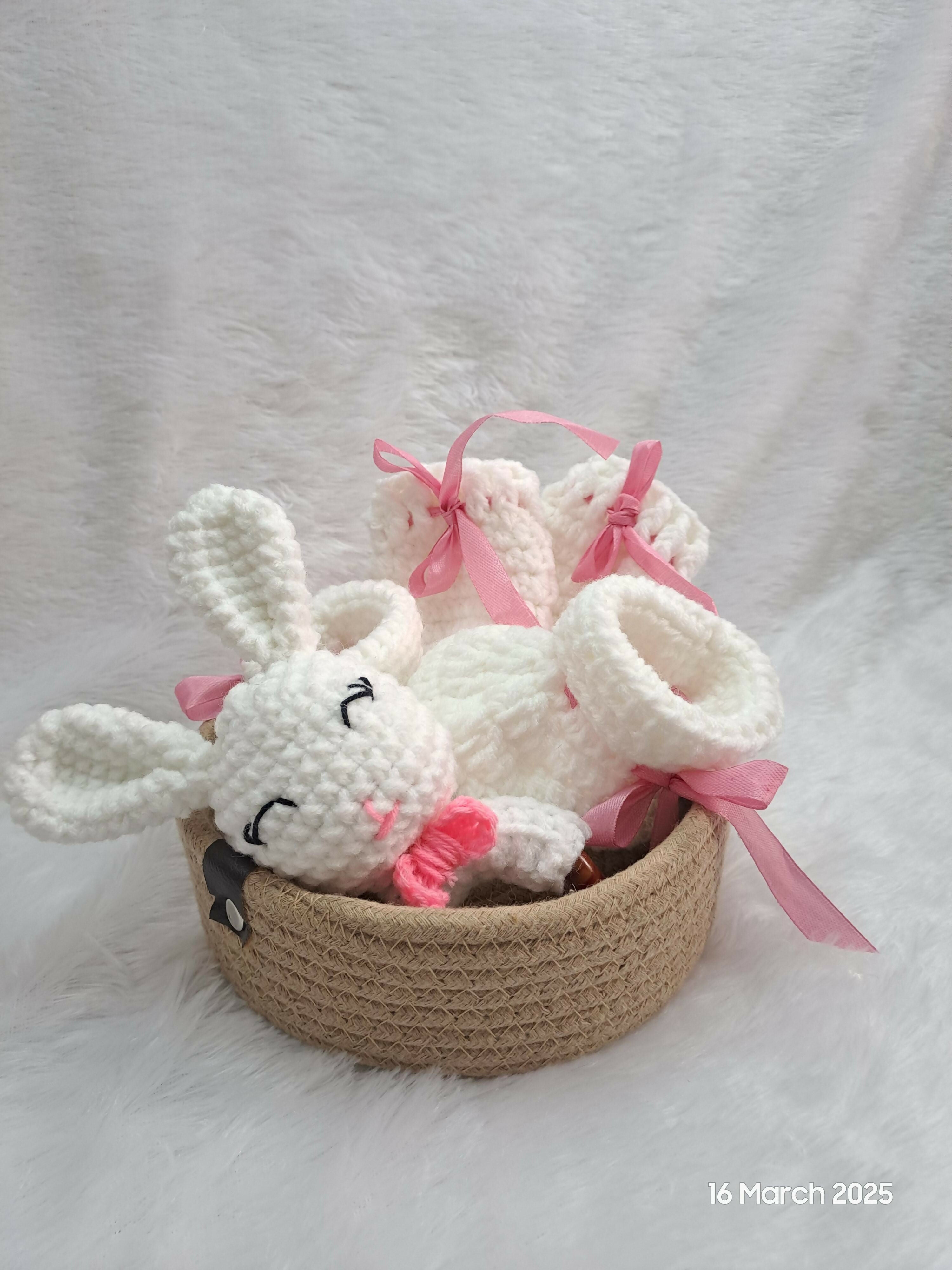 Booties, Rattle, Mittens & Basket Set – A Perfect Gift for Your Little One!