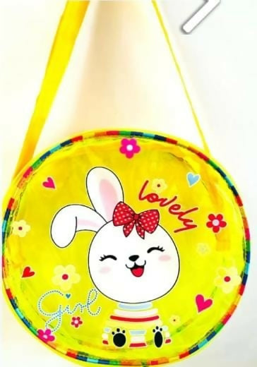 Yellow children's bag with a cartoon rabbit design on a white background