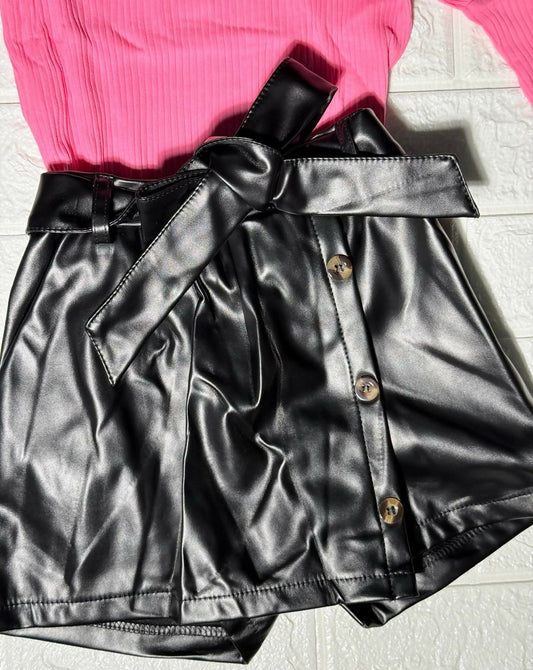 Girls’ Chic Pink Ribbed Top & Black Faux Leather Shorts Set