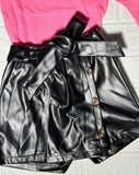 Girls’ Chic Pink Ribbed Top & Black Faux Leather Shorts Set