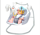 Baby in a gray baby swing with colorful toys on a white background