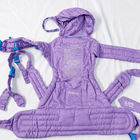 We Made Me Pao Papoose Three 3-in-1 Baby Carrier in Purple with multiple carrying positions, padded shoulder straps, adjustable waist belt, ergonomic support, and breathable fabric for comfortable babywearing.