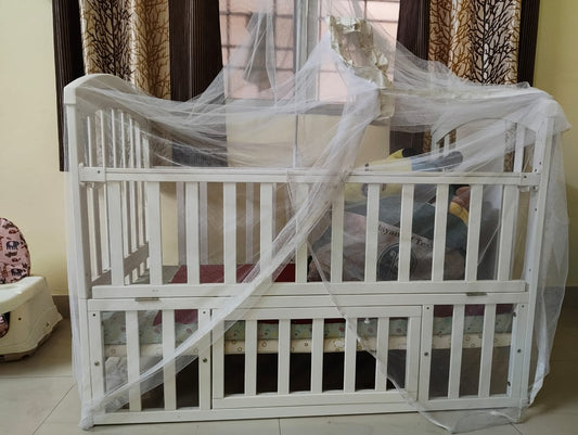 HUNY HUNY 15 in 1  Baby Cot/Crib - Night Light, Storage & Parents Bed Attachment – White