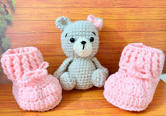 Crochet baby booties and bear set.