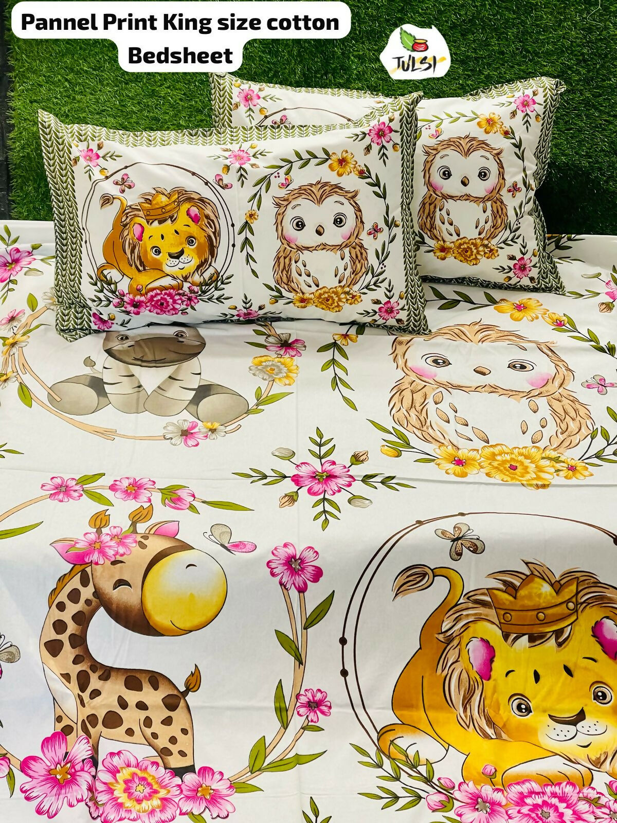 Cotton bedsheet with animal-themed design featuring lion, owl, and giraffe 