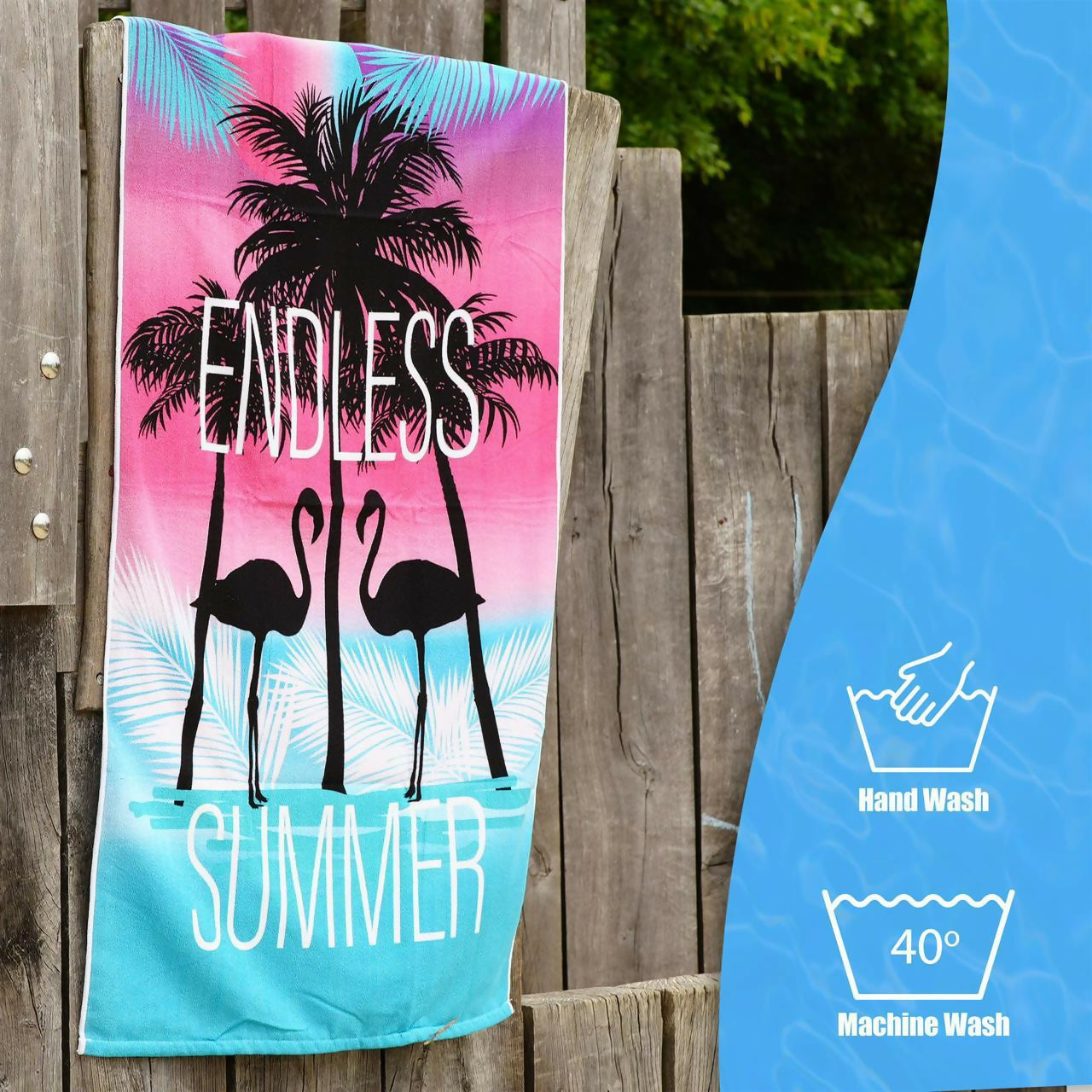 Towel with palm trees, flamingos, and 'Endless Summer'