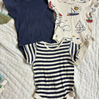 MARKS & SPENCER 3-pack cotton bodysuits – navy, stripes & nautical print, 3–6 months (fits up to 8 months).