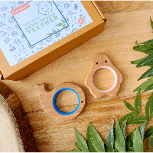 BABYCOV Cute Whale and Penguin Natural Neem Wood Teethers for Babies | Natural and Safe | Goodness of Organic Neem Wood | Both Chewing and Grasping Toy | Set of 2 (Age 4+ Months)
