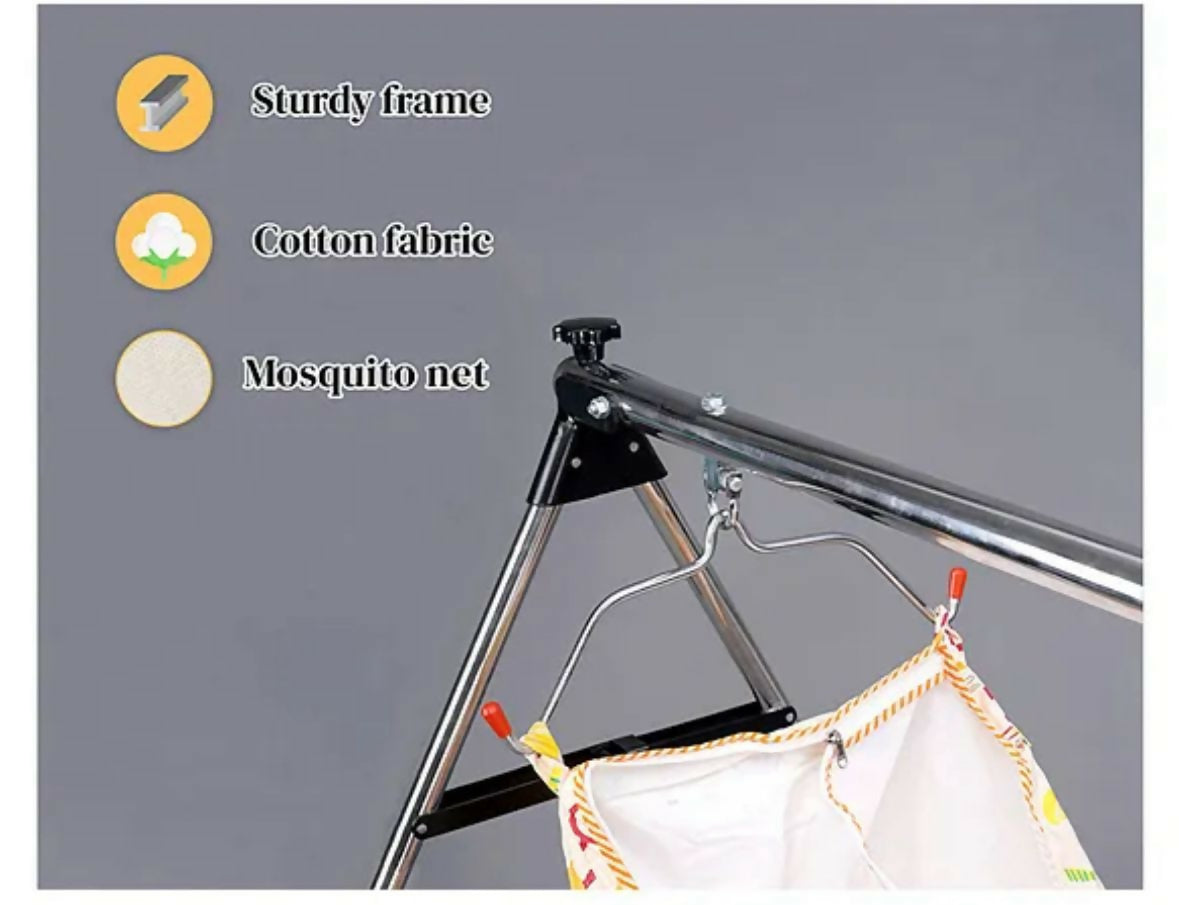 Mosquito net on a stand with features listed: sturdy frame, cotton fabric, and mosquito net.