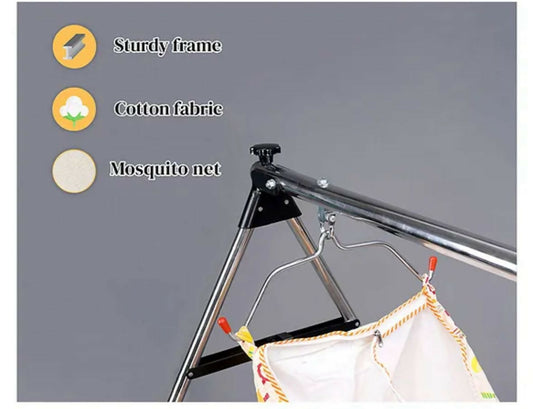 Mosquito net on a stand with features listed: sturdy frame, cotton fabric, and mosquito net.