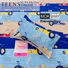 Children's bedsheet set with race car design featuring Mokshay branding.
