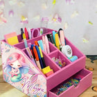 Pink desk organizer with stationery items and a mermaid-themed design 