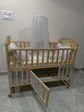 Star & Daisy 12 in 1 Baby Wooden Cot Bed, Convertible Manual Cradle with Mattress, Bumper Set, Mosquito Net & Adjustable Stand (Natural Wood | With Mattress & Bumper Set)