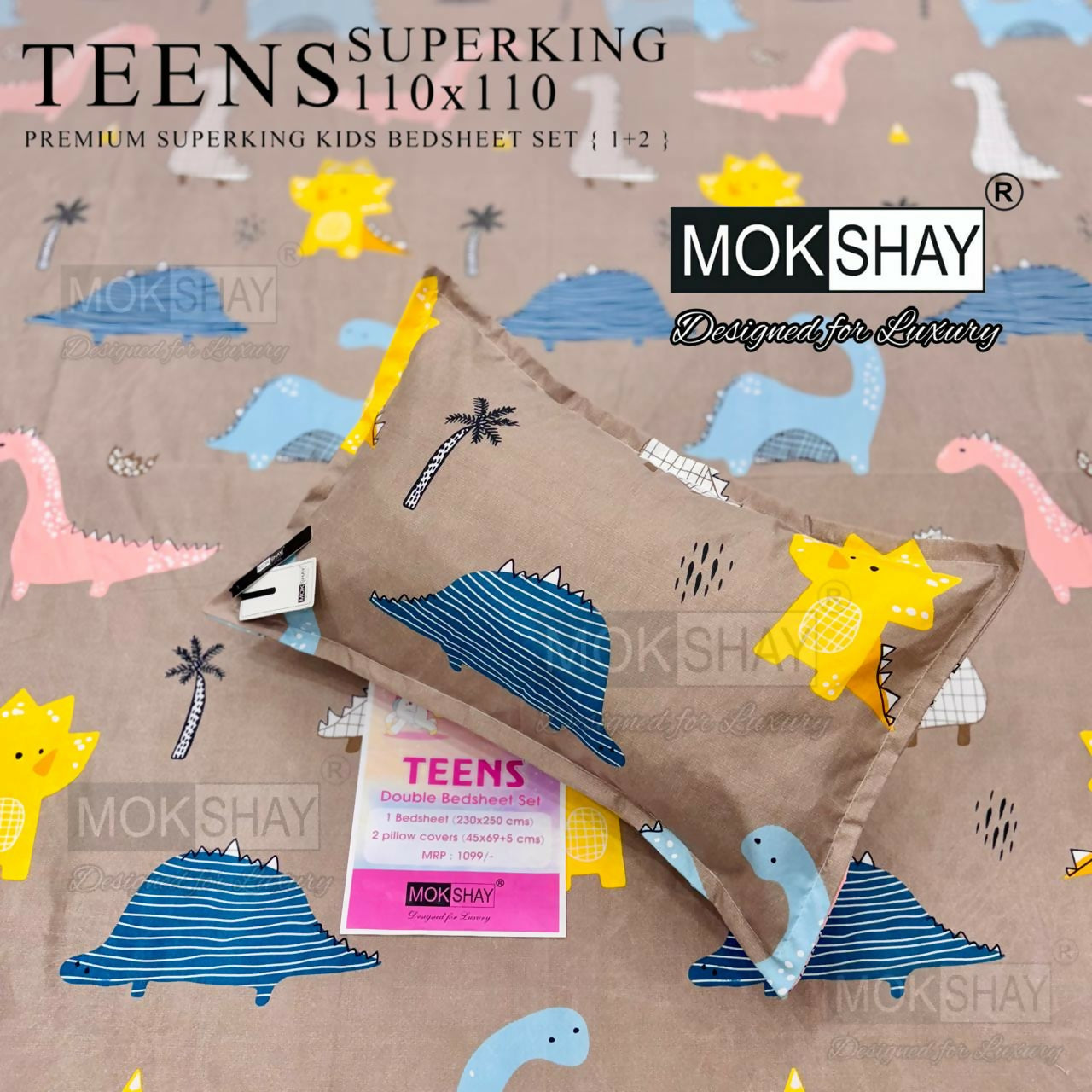 Mokshay Teens Superking kids bedsheet set with dinosaur pattern on a brown background