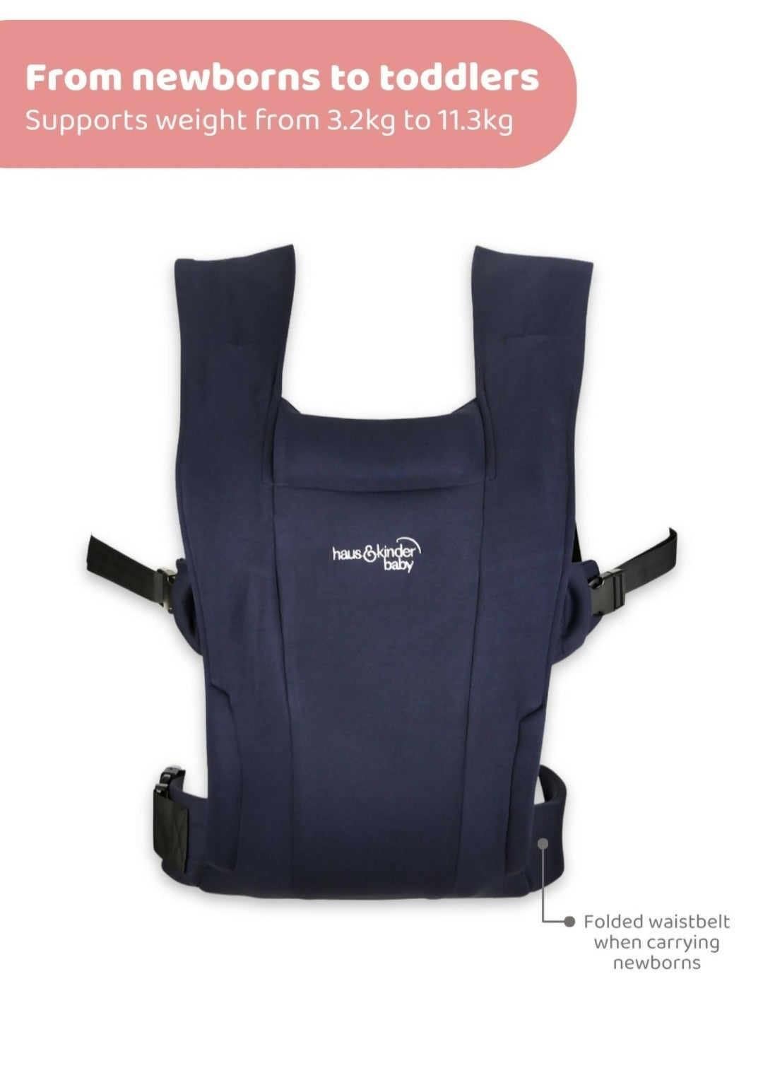 Navy blue baby carrier with text on a white background