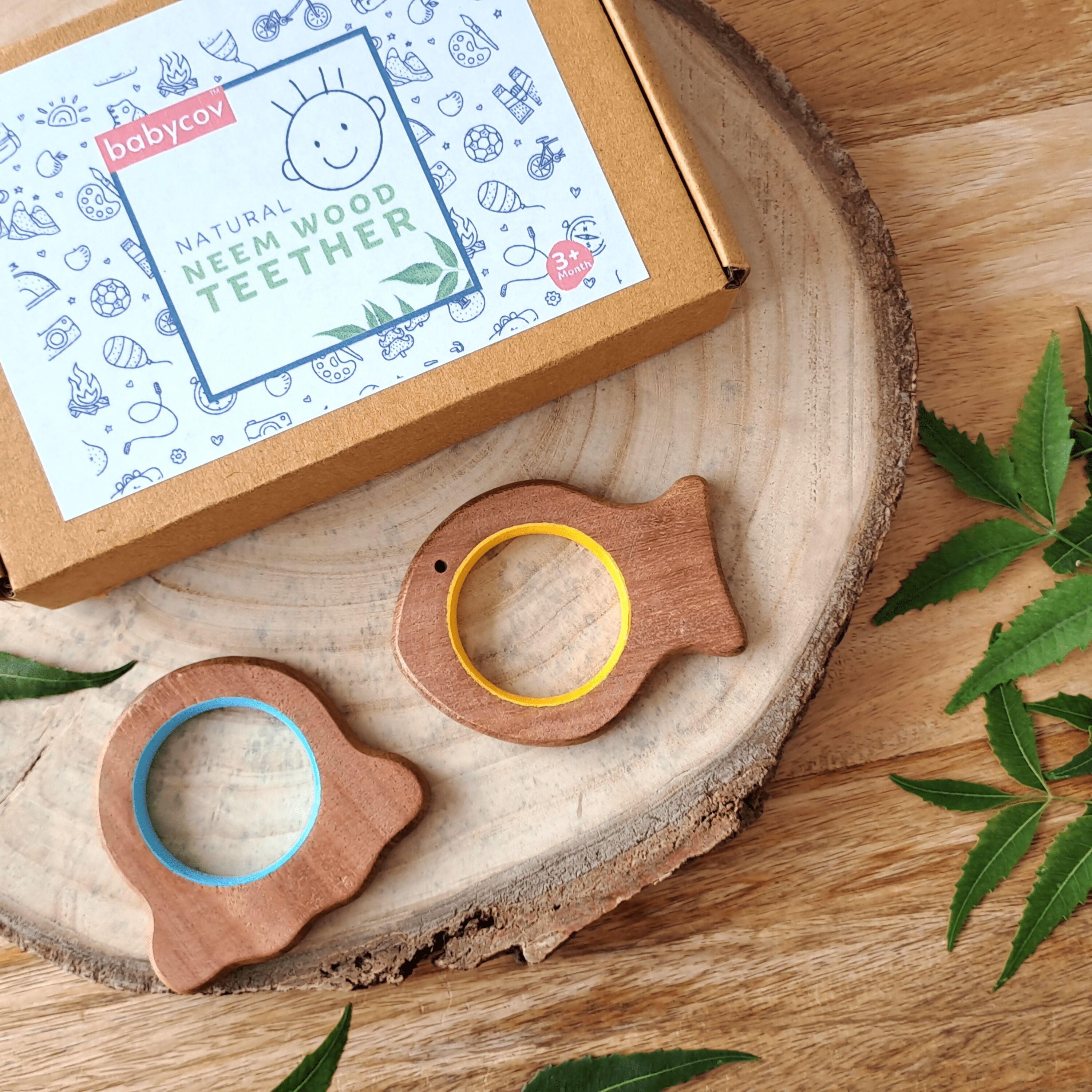 BABYCOV Cute Fish and Octopus Natural Neem Wood Teethers for Babies | Natural and Safe | Goodness of Organic Neem Wood | Both Chewing and Grasping Toy | Set of 2 (Age 4+ Months) - PyaraBaby