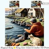 Fishing scene with a person and cat by a lake, featuring K-Decor branding.