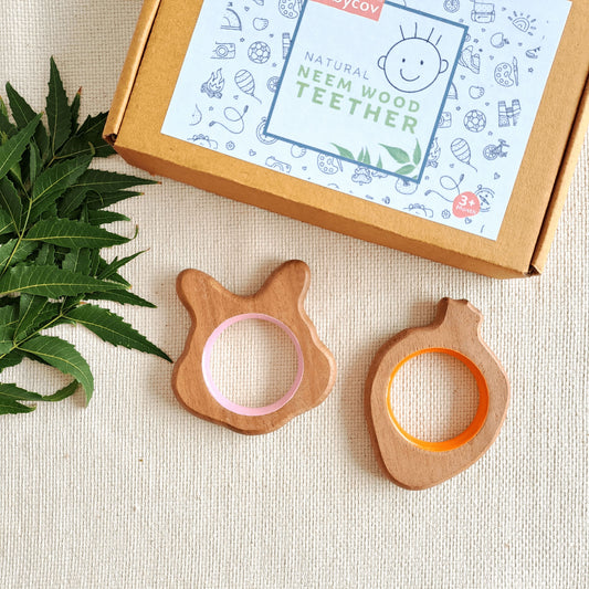 BABYCOV Cute Rabbit and Carrot Natural Neem Wood Teethers for Babies | Natural and Safe | Goodness of Organic Neem Wood | Both Chewing and Grasping Toy | Set of 2 (Age 4+ Months)