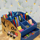 Blue desk organizer with stationery items 