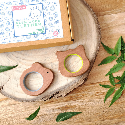 BABYCOV Cute Mouse and Cat Natural Neem Wood Teethers for Babies | Natural and Safe | Goodness of Organic Neem Wood | Both Chewing and Grasping Toy | Set of 2 (Age 4+ Months)