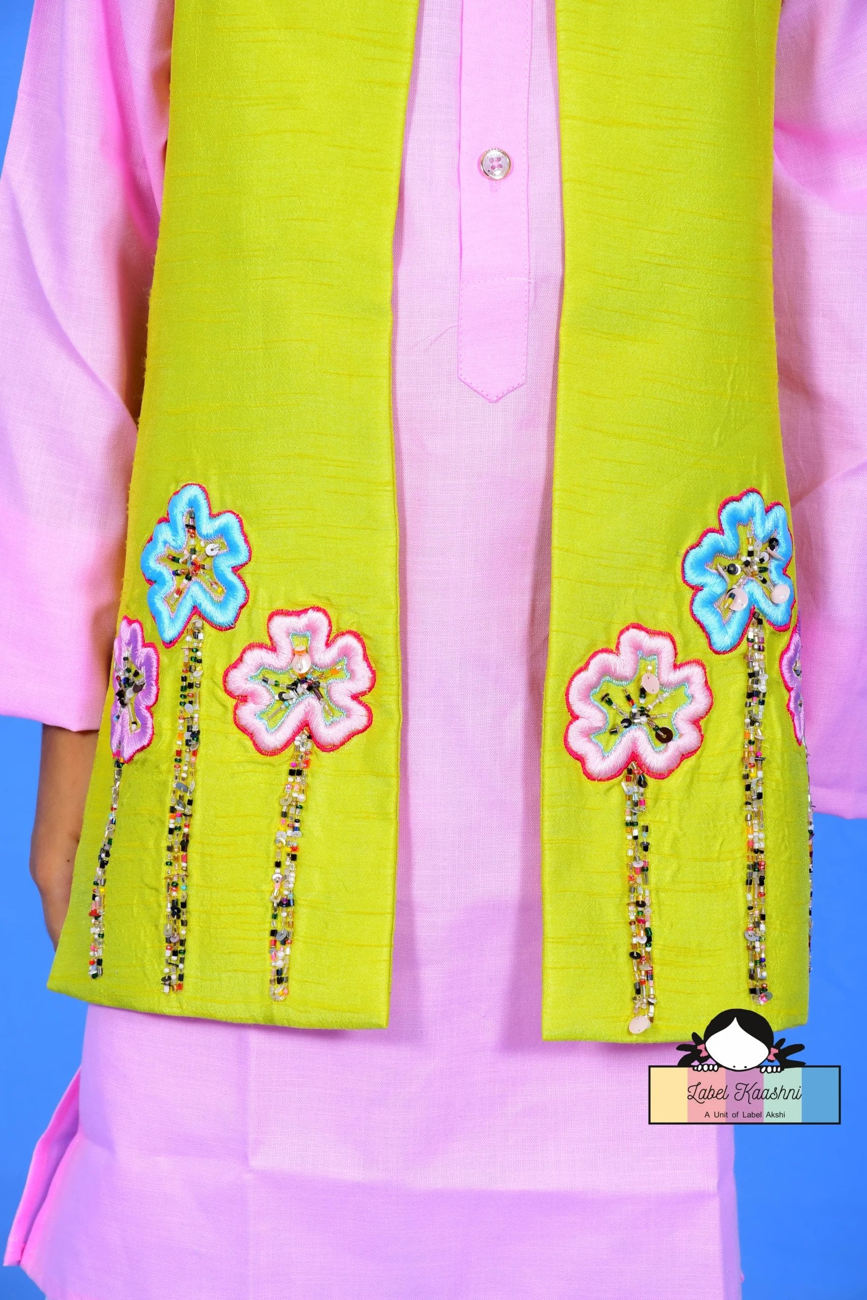 Floral Foliage (Open Achkan Set) neon green colour ( open achkan ) kids ethenic & party wear - PyaraBaby