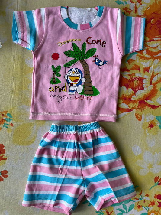 Half Sleeves with Shorts cotton dress for Girls - Pink and stripes design 3-6 months - PyaraBaby